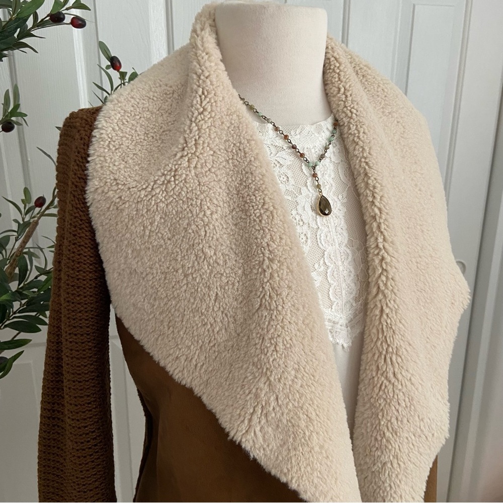 Chocolate Suede Sweater Cardigan Jacket Vegan Shearling Open - Picture 8 of 16